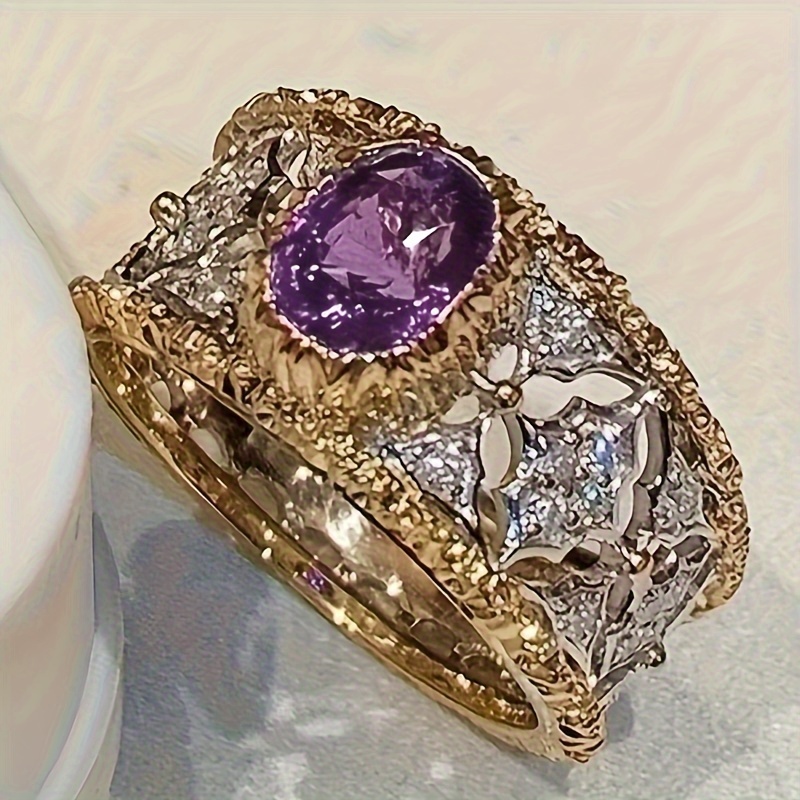 

Vintage Exquisite Micro Paved Zircon Wide Design Finger Ring Inlaid Purple Synthetic Gemstones Elegant Jewelry For Women Engagement Wedding Anniversary Gift