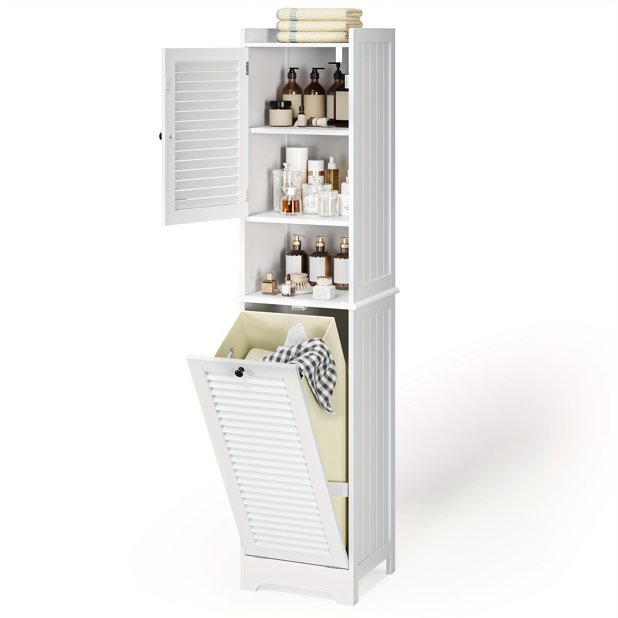 Image of Tall Bathroom Cabinet With Laundry Bag, Narrow Bathroom Cabinet With Adjustable Shelves, Bathroom Storage Unit, 40x36.5x170cm