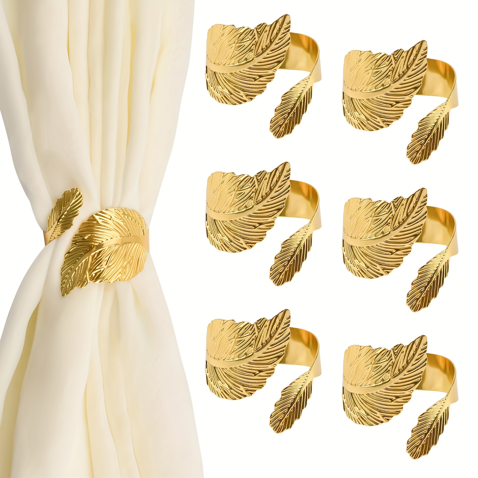 E-shop 6er-Set Dekorative goldene Blatt-Vorhangbänder aus Metall, kreative Vorhangseil-Schnallen, Feder-Vorhanghalter-Clips für Zuhause und Büro (Gold)