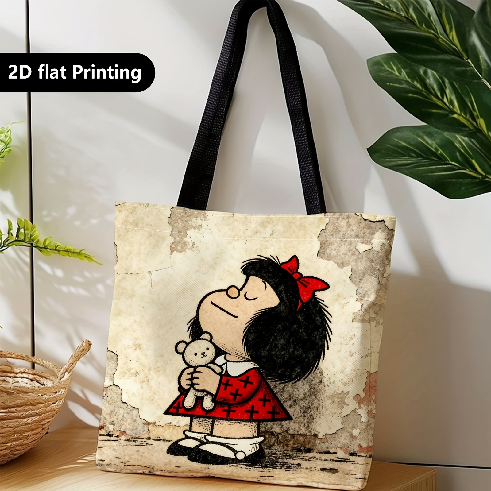 TEMU 1 bolsa de compras, bolsa de portátil de lona en , , oso de peluche, estilo desaliñado, adecuada para viajes, cosméticos, bolsas de