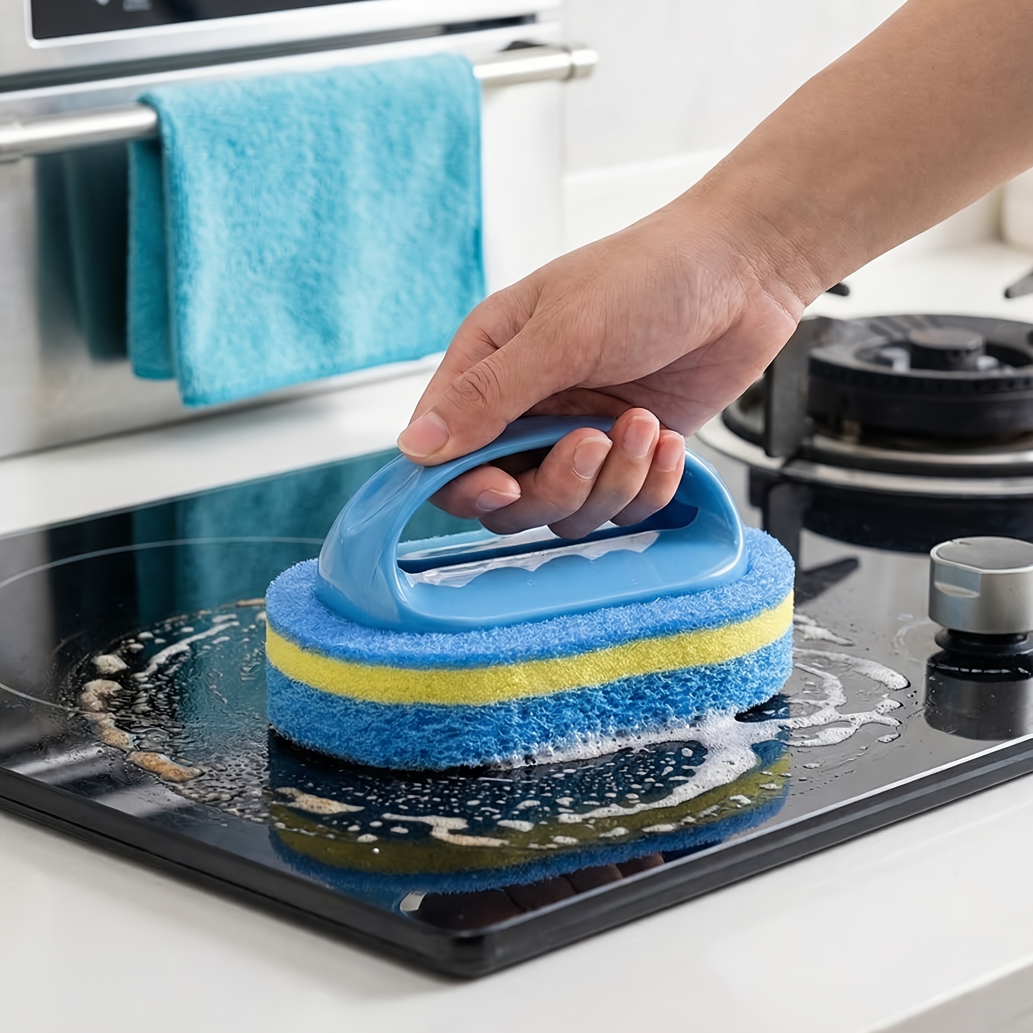 Powerful Stain Remover Scrubber Set with Handle, Multi-functional Kitchen & Bathroom Sponge Brush, Stubborn Oil Stain Cleaning Tool, Pot And Pan Washer, Dishwasher Safe, Versatile Home Cleaning Supplies