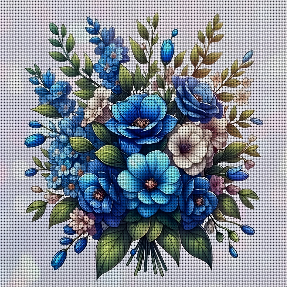 Frameless Cross Stitch Print Kit, Exquisite Blue Bouquet
