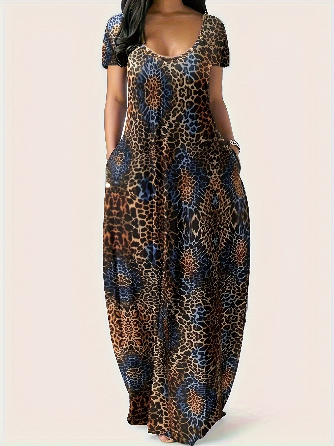 knee length dresses for ladies SheIn |Casual Khaki Leopard Print Long Sleeve T-SHIRT Dress with Pockets, Suitable for Spring and Autumn