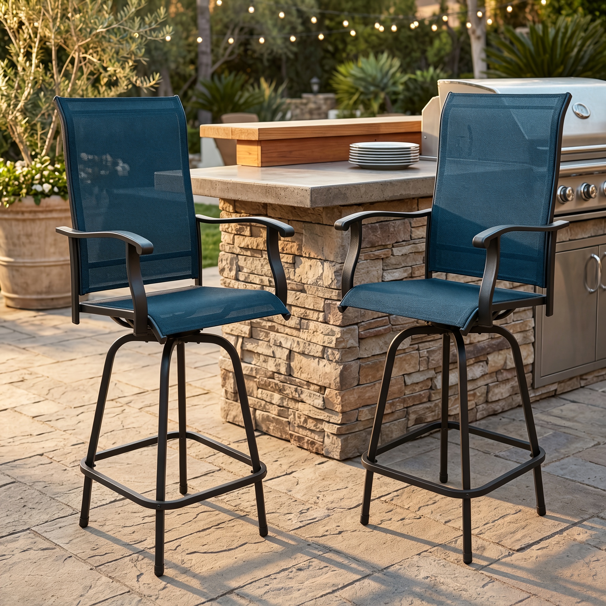 Outdoor High-Back Rotating Dining Chair (2pcs Set/ 4pcs Set, All-Weather 360° Rotating High-Backed Outdoor Patio Dining Chair, Forged Carbon Steel Fabric Patio Chair Set, Suitable for Patios, Lawns And Gardens (Blue/Black/Brown/Grey))