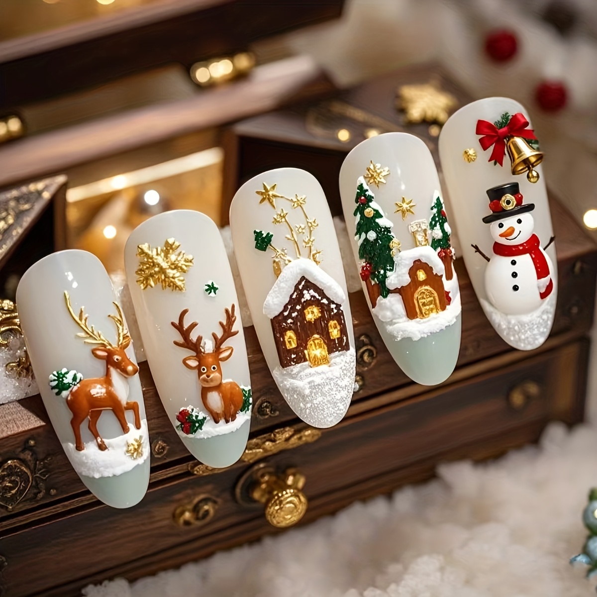 TEMU 24pcs Of Shaped Press On Nail Pieces, Christmas Nail Art Small Fresh Snowman Style Reindeer Snowflake Hut And Other Patterns Wearing Armor, Very