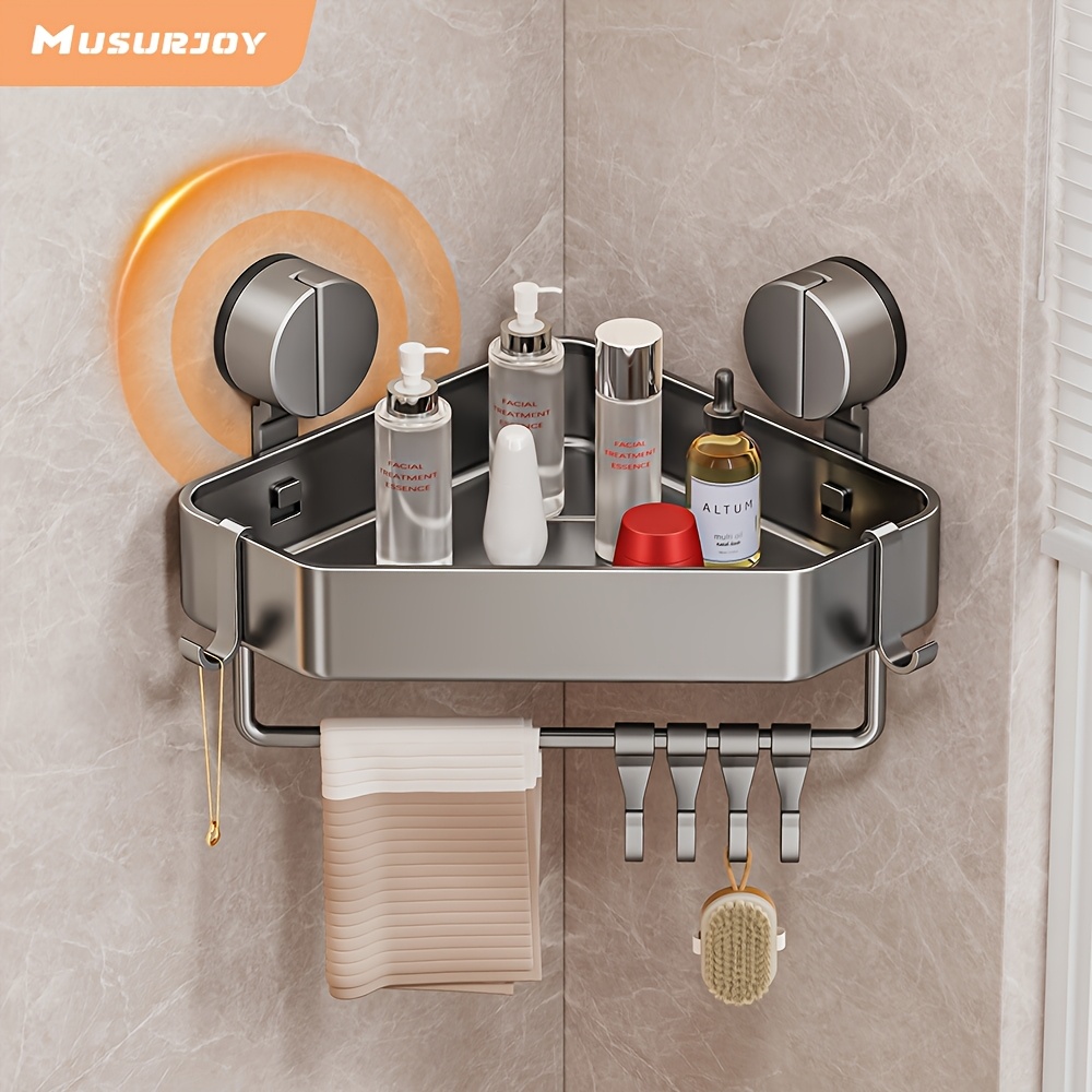 

Musurjoy No-drill Wall-mounted Bathroom Shelf - Powerful Suction Cup Corner Shower Caddy, , , Ideal For Toilet, Kitchen & Dorm Storage, With Towel Hooks, Bathroom Decor And Accessories, Shelves