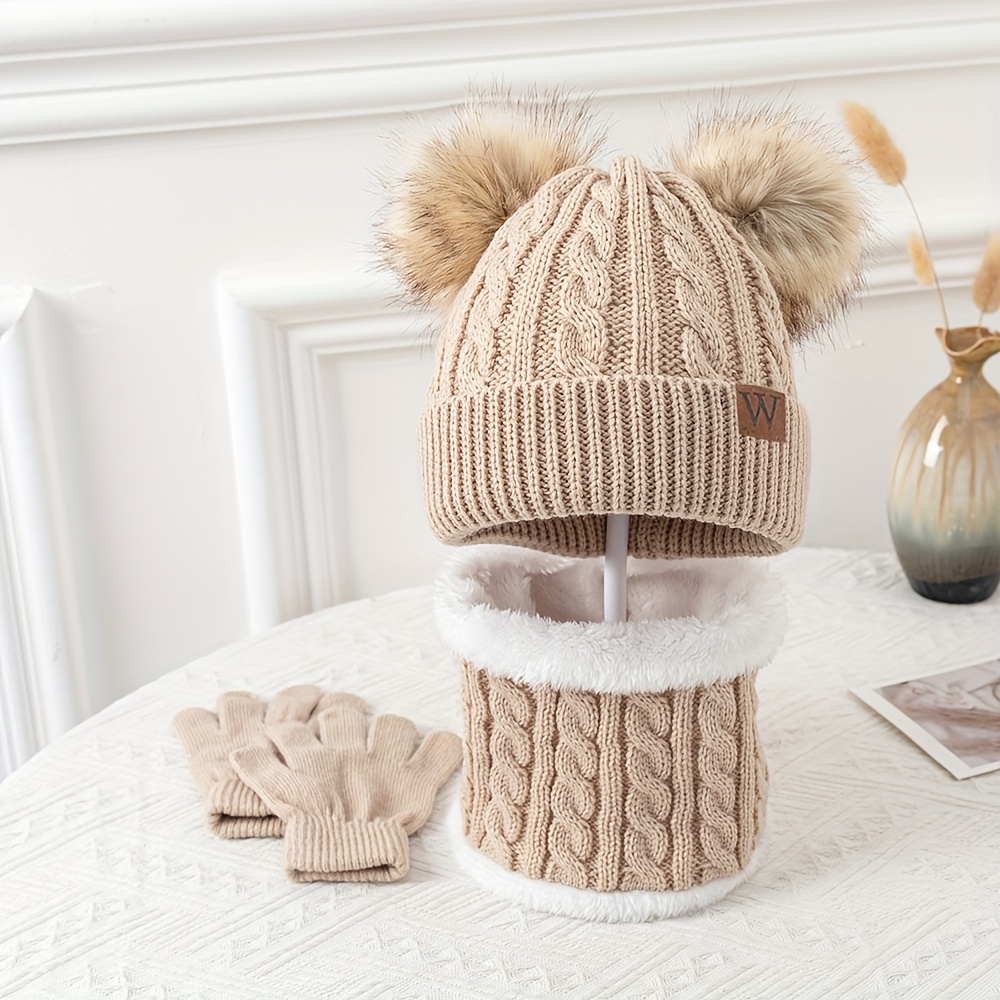 TEMU Lot de 3 bonnets tricotés épais et chauds à double boule pour jeunes, automne/hiver, ensemble unisexe pour la chaleur en extérieur, bonnets
