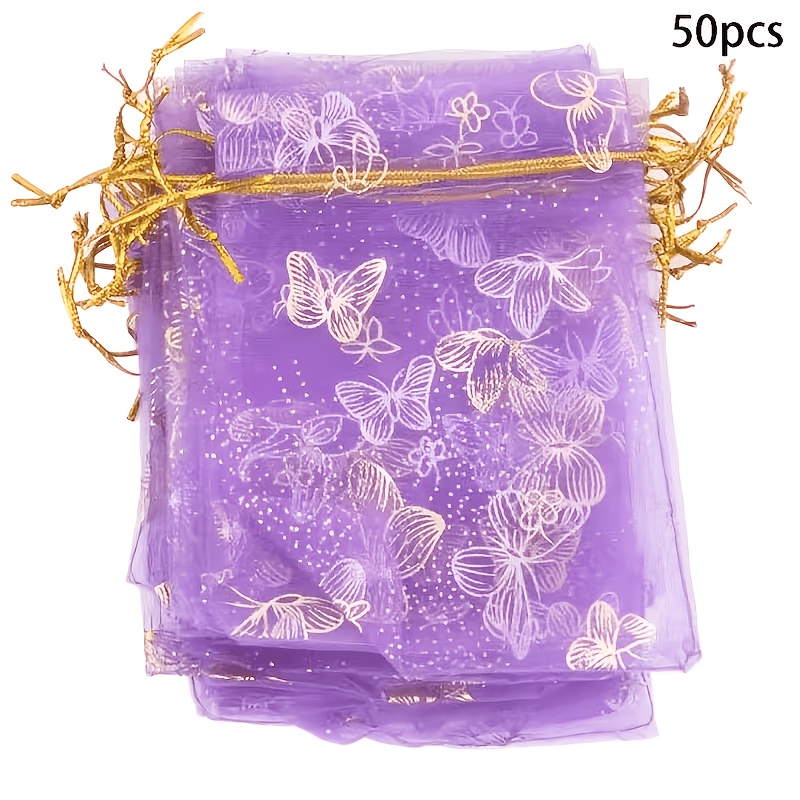 TEMU Regalo para Ella/Él 50pcs Bolsas de Organza Morado Claro con Cordón, Bolsas de Malla, Bolsas de Organza con Mariposas Estampadas a Calor, Bolsa