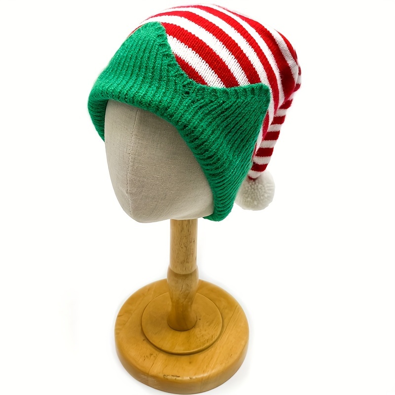 TEMU Christmas Knit Hat 1- Unisex Stretchy Acrylic  , Cozy Warm Hat For Christmas , Jacquard Knit Elf Pom-pom, - Red And