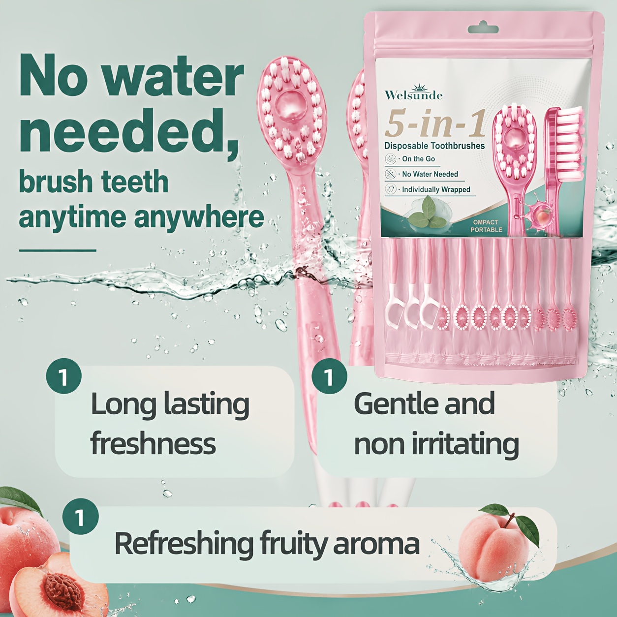 12pcs 5-In-1 Peach Pop Beads Travel Toothbrush Set