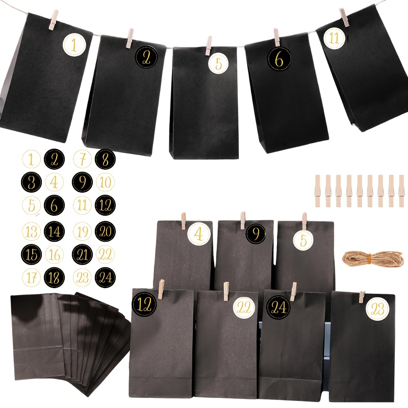 Image of 2026 Fillable Advent Calendar, 24pcs Black Paper Bags With Number Stickers 1-24 And Wooden Clips Advent Calendar Crafts For Adults