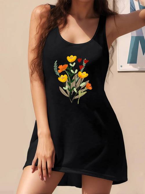womens antique botanical watercolor wildflo sleeveless dress spring summer casual vest dress fashion womens dresses
