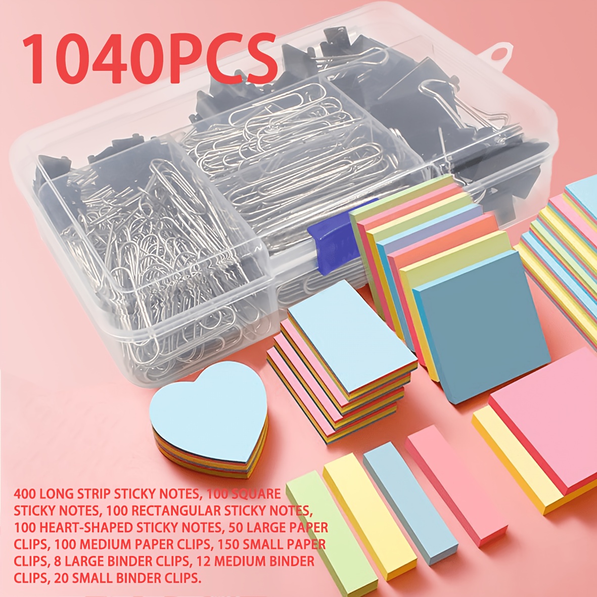 TEMU 1040pcs Assorted Size Binder Clips & Jumbo Paper Clips Sticky Notes Set - 340 Paper Clips & Binder Clips + 700 Sticky Notes, Large For Office &