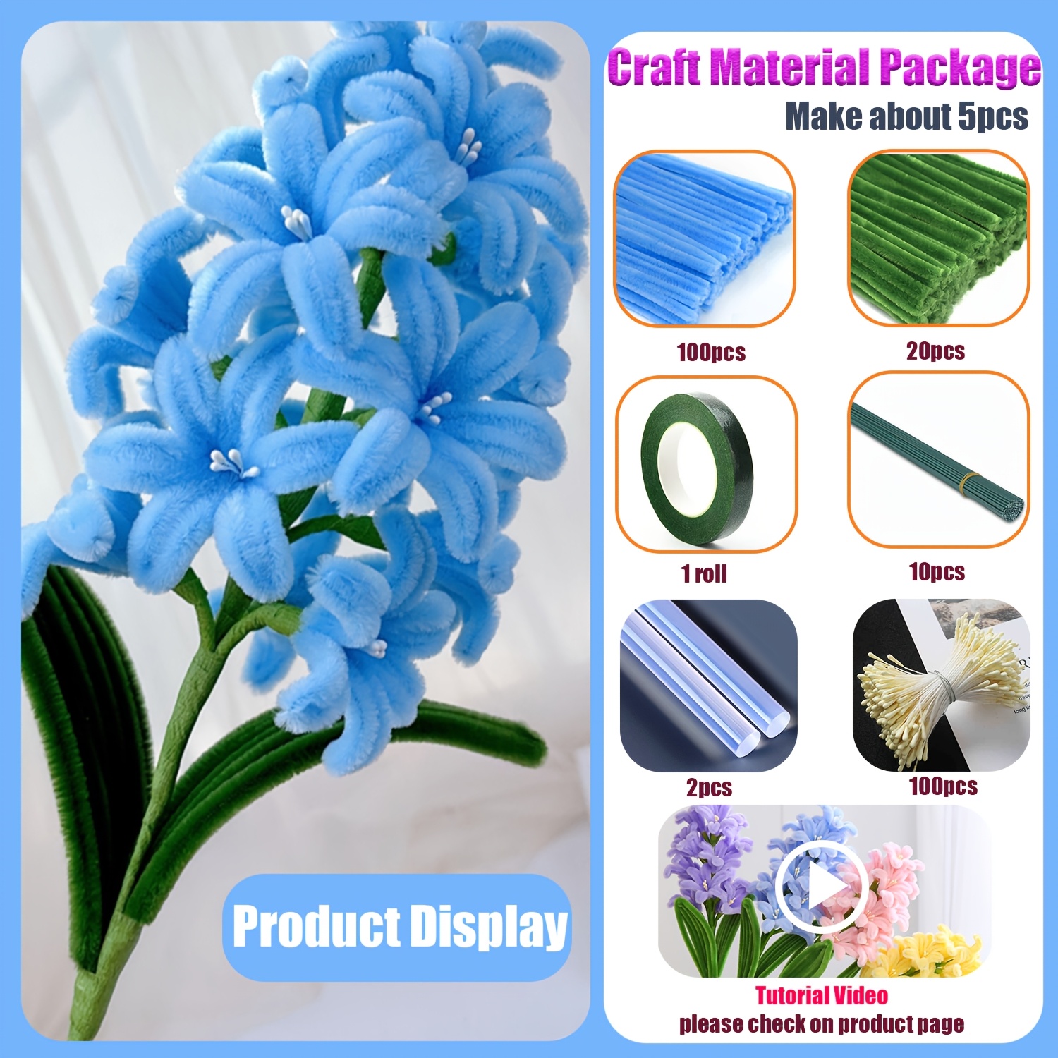 233pcs Vibrant Hyacinth Pipe Cleaner Flower Set in Purple, Pink, Blue &amp; Yellow - Includes Crafting Materials &amp; Display Board for DIY Weddings, Valentine&#39;s, Mother&#39;s Day Gifts &amp; Home Decor, Event Decorations|Realistic Floral Appearance|Flexible Crafting Rods