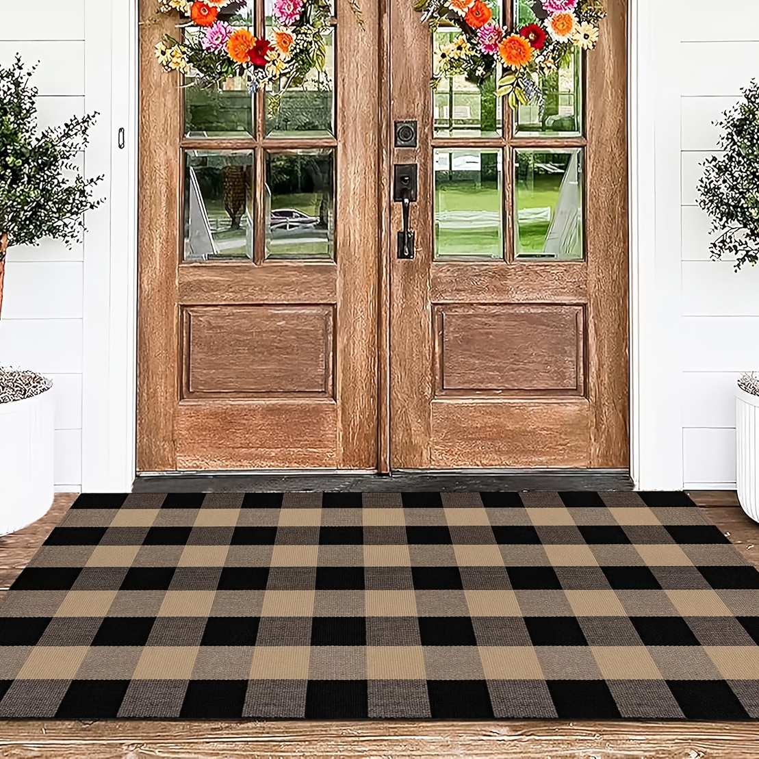 TEMU Washable Outdoor Rugs 3'x5', Black/brown And Checkered Rug, Washable Rustic Style Front Door Mat For Outdoor Entryway, Patio, Bedroom, Welcome