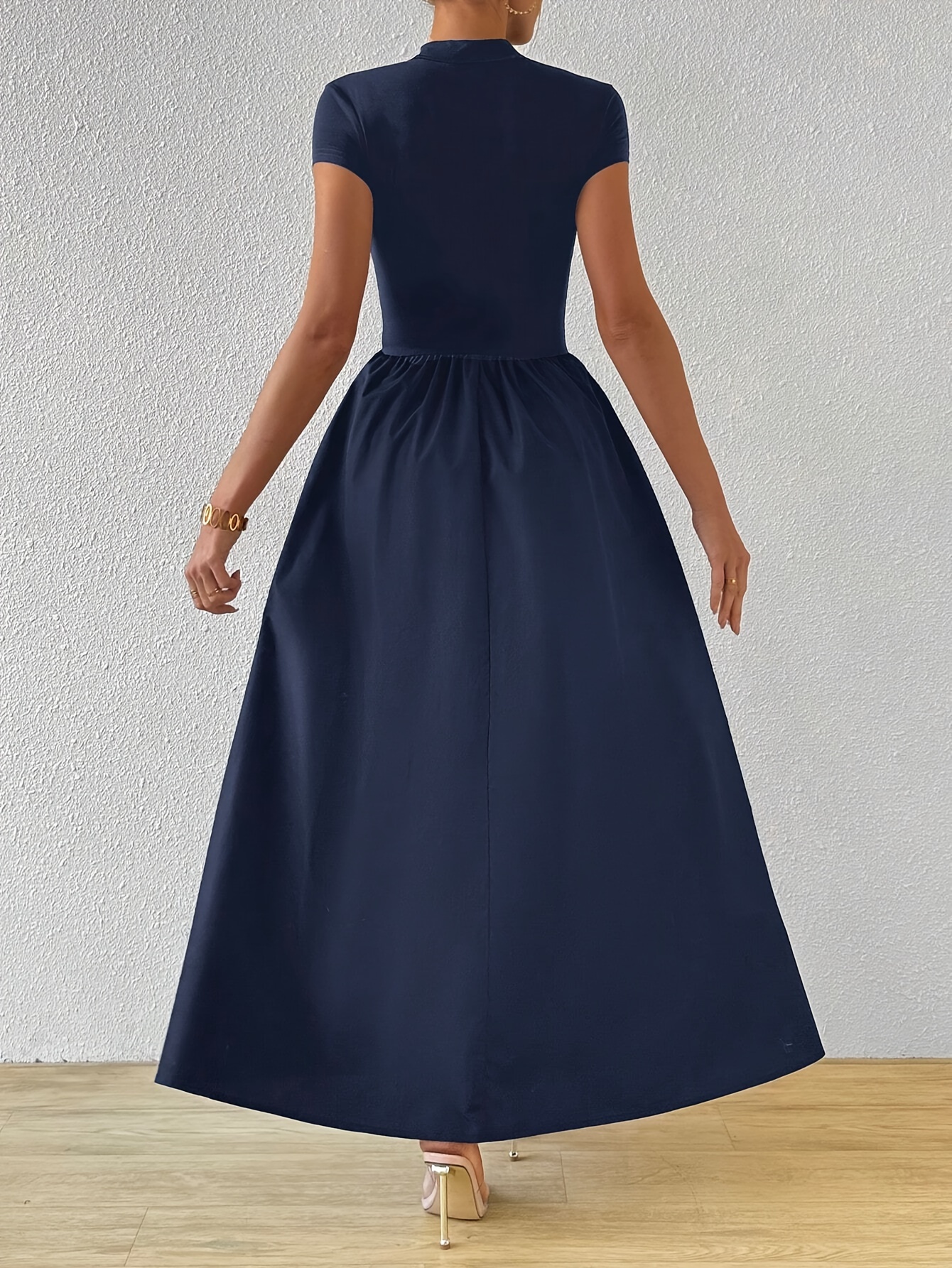 Navy Blue Casual Spring Midi Dresses Navy Blue Casual Spring Midi Dresses Women's Elegant Navy Blue A-Line Midi Dress Short Sleeve