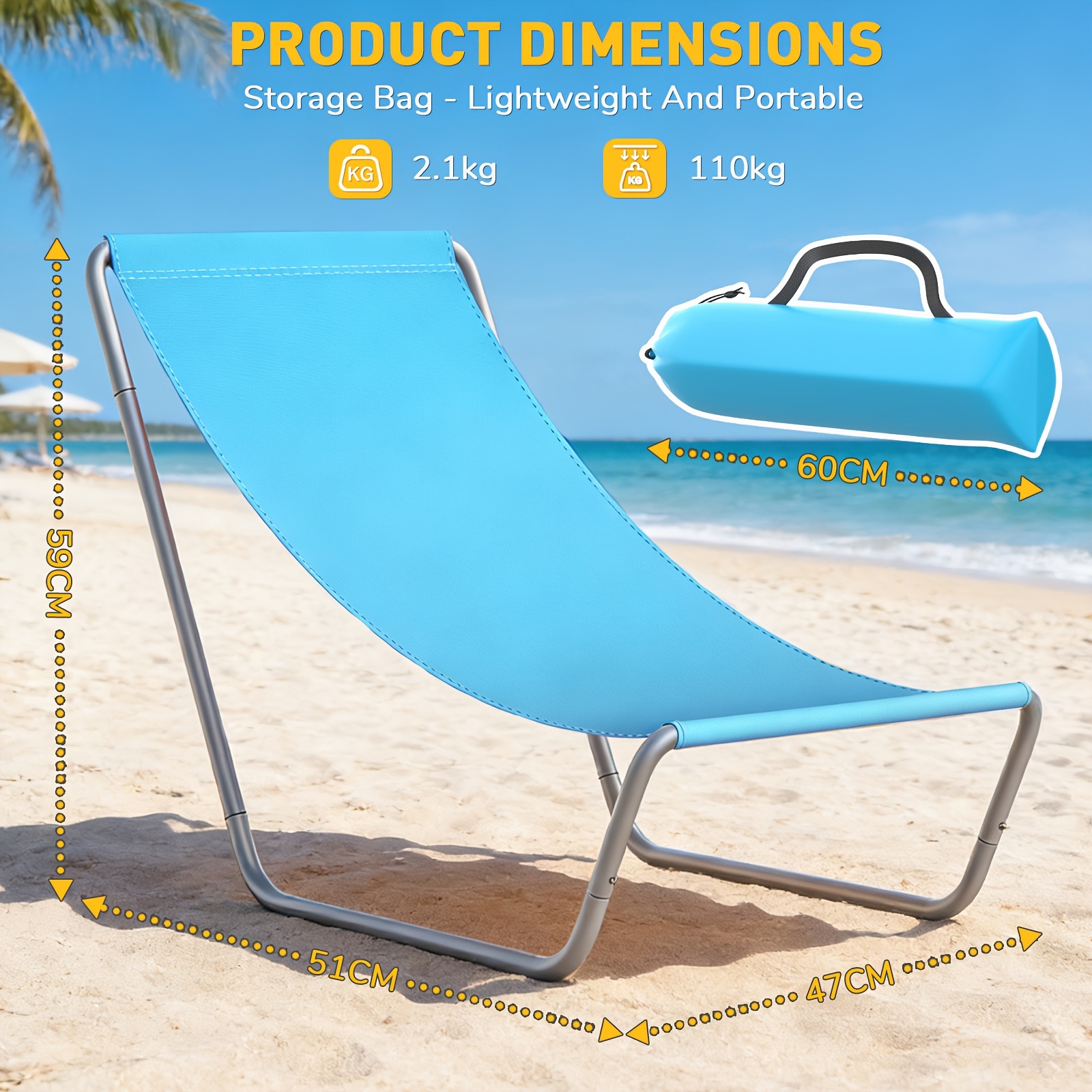 Image of Foldable Beach .1kg Light With Carrying Bag, 600d Oxford Fabric, Loadable Up To 110kg, Compact Sun Lounger For Beach Terrace, 3 Colors : Blue, Light Blue, Gradient Orange