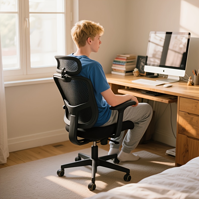 TEMU Ergonomic Office Chair With Adjustable Headrest, High Back Computer Desk Chair, Class 4 Duty Gas Lift, 45x48cm Wide Seat Cushion, Sturdy Nylon