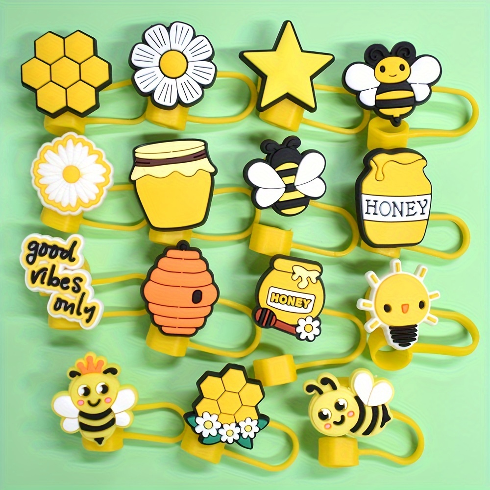

15-piece Bee-themed Reusable Straw Covers Set - Cute Honeybee & Honey Designs, Food-safe Pvc Drinking Straw Toppers For Parties & Gifts