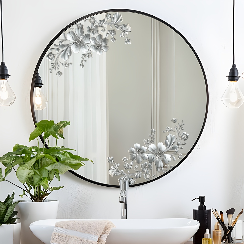 TEMU 1pc Silvery-grey Floral Diagonal Tile Glass Sticker, Light -down Diagonal Floral Branch Bathroom Tile Glass Creative Sticker