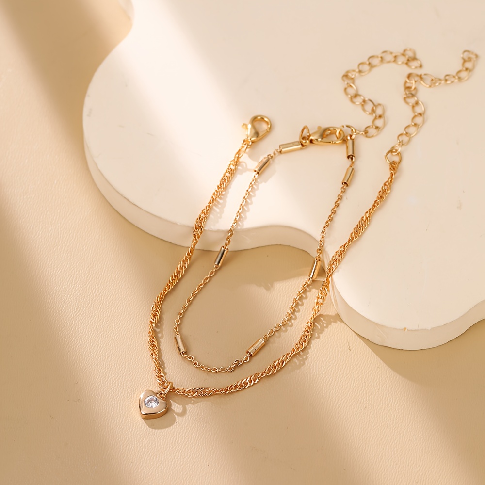 2pcs Stackable Ripple Chain Bracelet Set with Heart Pendant