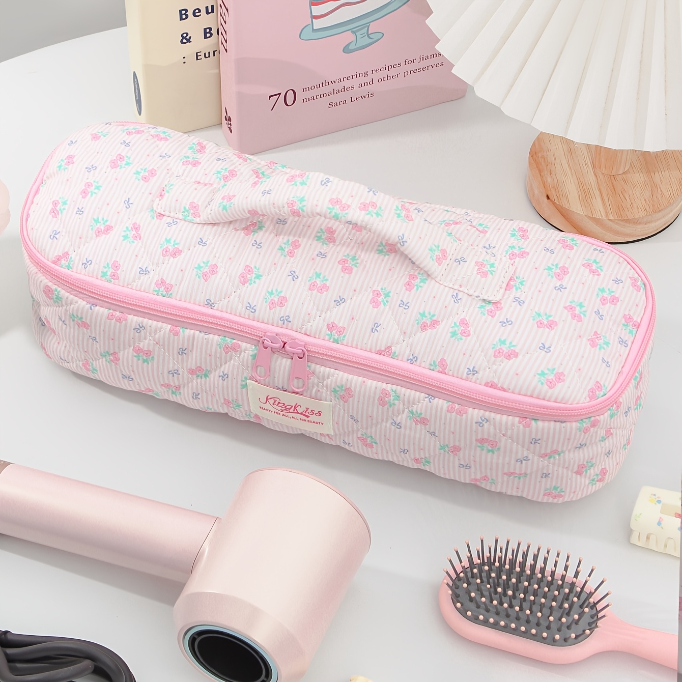 TEMU Borsa portaoggetti per asciugacapelli o piastra per ricci, borsa organizer da viaggio con motivo a righe e , borsa cosmetica da donna, borsa da