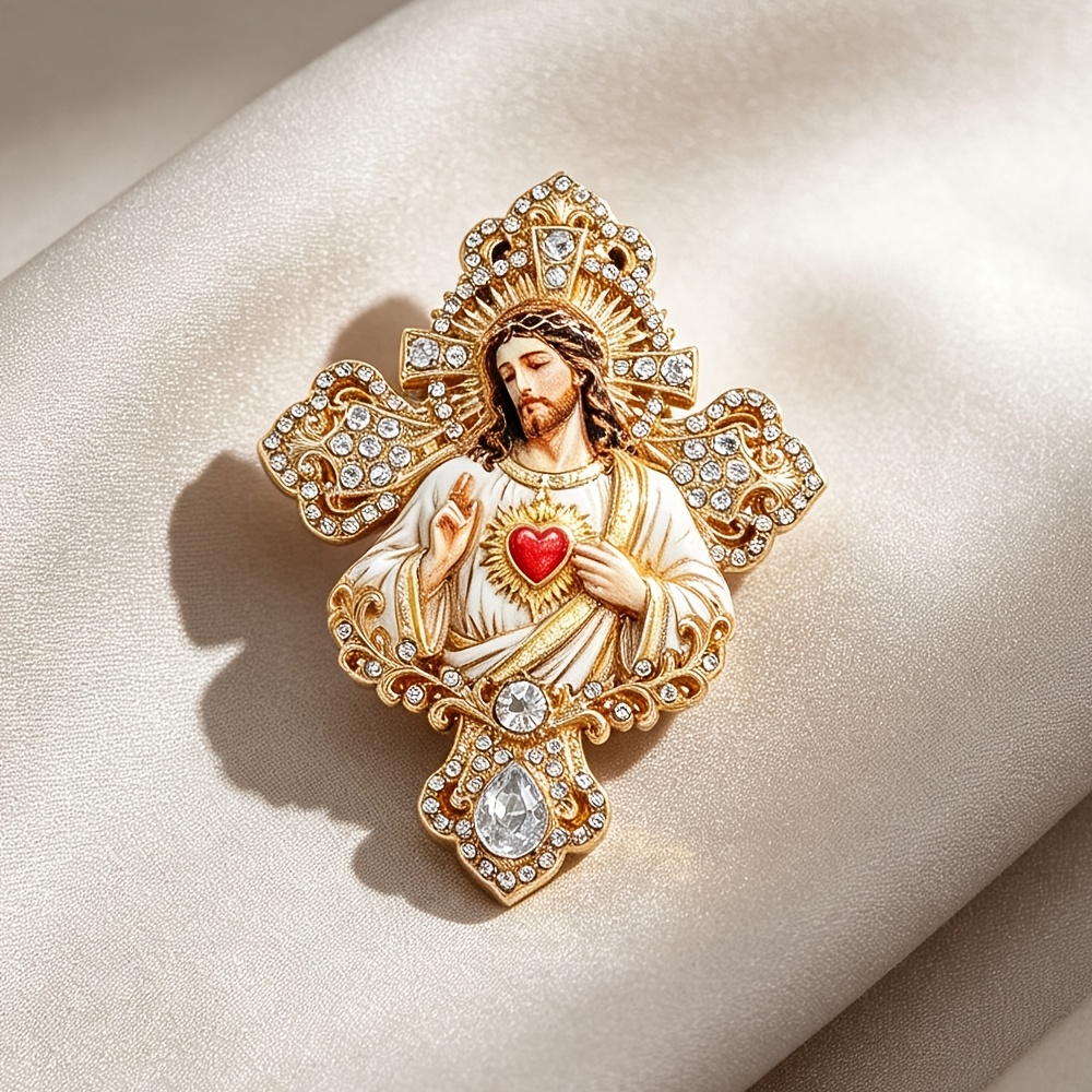 TEMU 1pc Solevdo Enamel Rhinestone Brooch Novelty Heart Cross Lapel Pin For , Vintage Religious Crystal Inlaid Jewelry, Unisex Fashion Brooch Pin