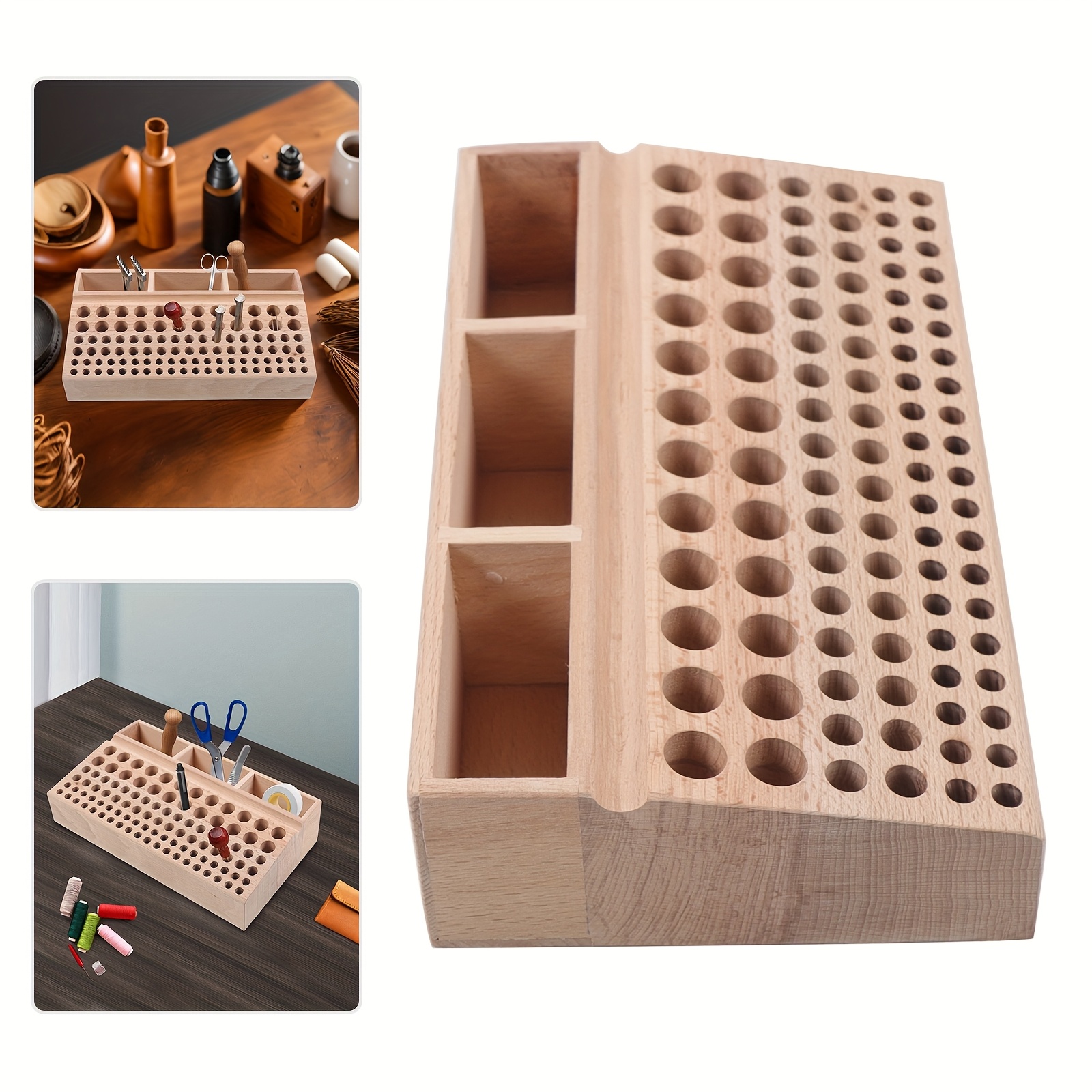 Image of Wooden Organizer For Leather Crafting Tools, Featuring 98 Holes And 3 Compartments, Ideal For Storing Punch Tools. Dimensions: 10.6 X 5.9 X 2.12 Inches