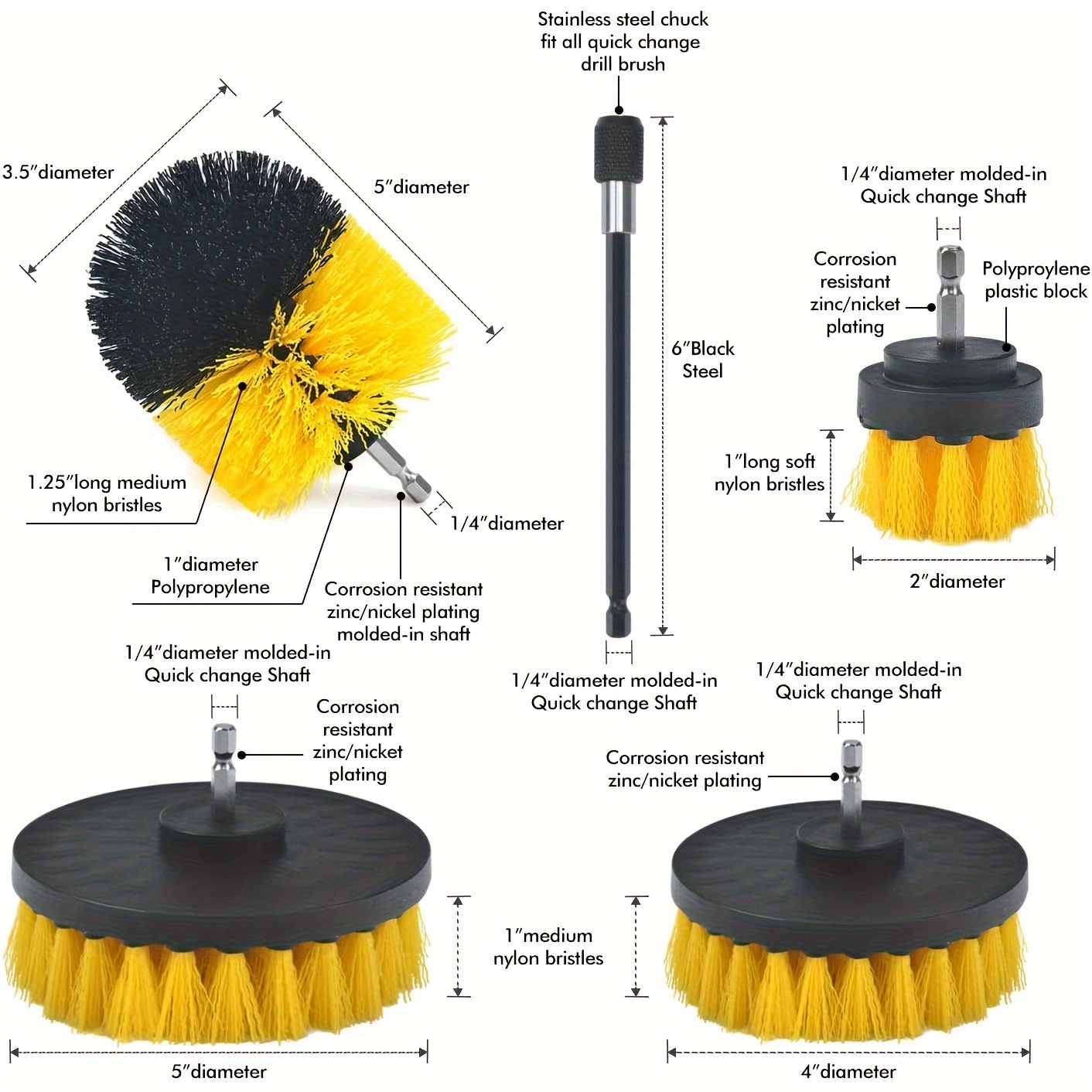 9pcs drill brush attachment set versatile electric cleaning kit with extension for bathroom kitchen   grout bathtubs showers tiles cars durable plastic yellow Product details 1