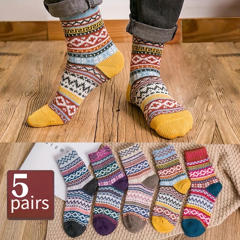 TEMU 5 Pairs Women's Thick Warm Japanese Terrycloth Mid-calf Socks - Retro Striped Looped Suitable For Autumn Winter, Soft Breathable Suitable For