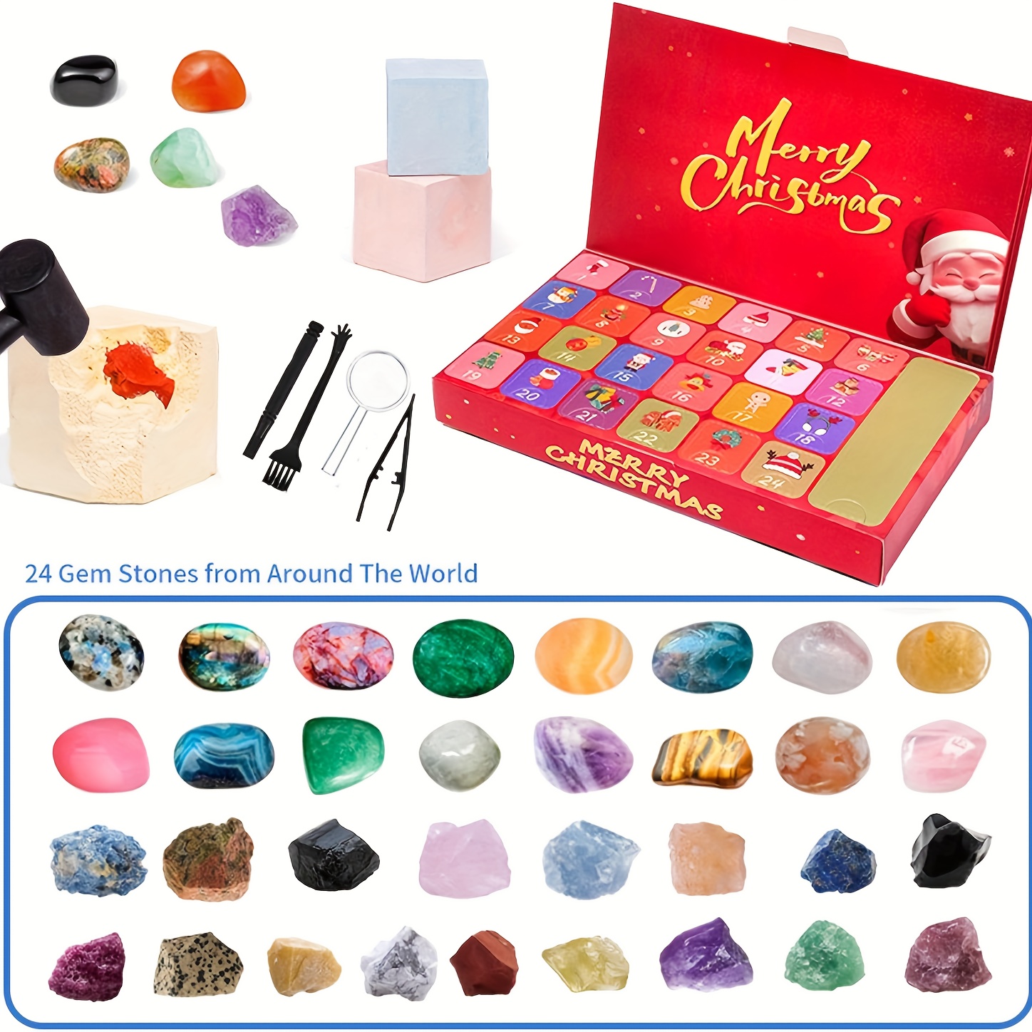 Crystals Dig Kit Advent Calendar, Synthetic Gemstonestone Collection Christmas Countdown Calendar 2025 for Kids Adults, Birthday Party Favors, Xmas Gifts, Holiday Countdown, Festive Surprise,  , Festive Decor,   Crystals, Durable Stones, Surprise Gift Set, Crystal Advent Calendar,  , Holiday  