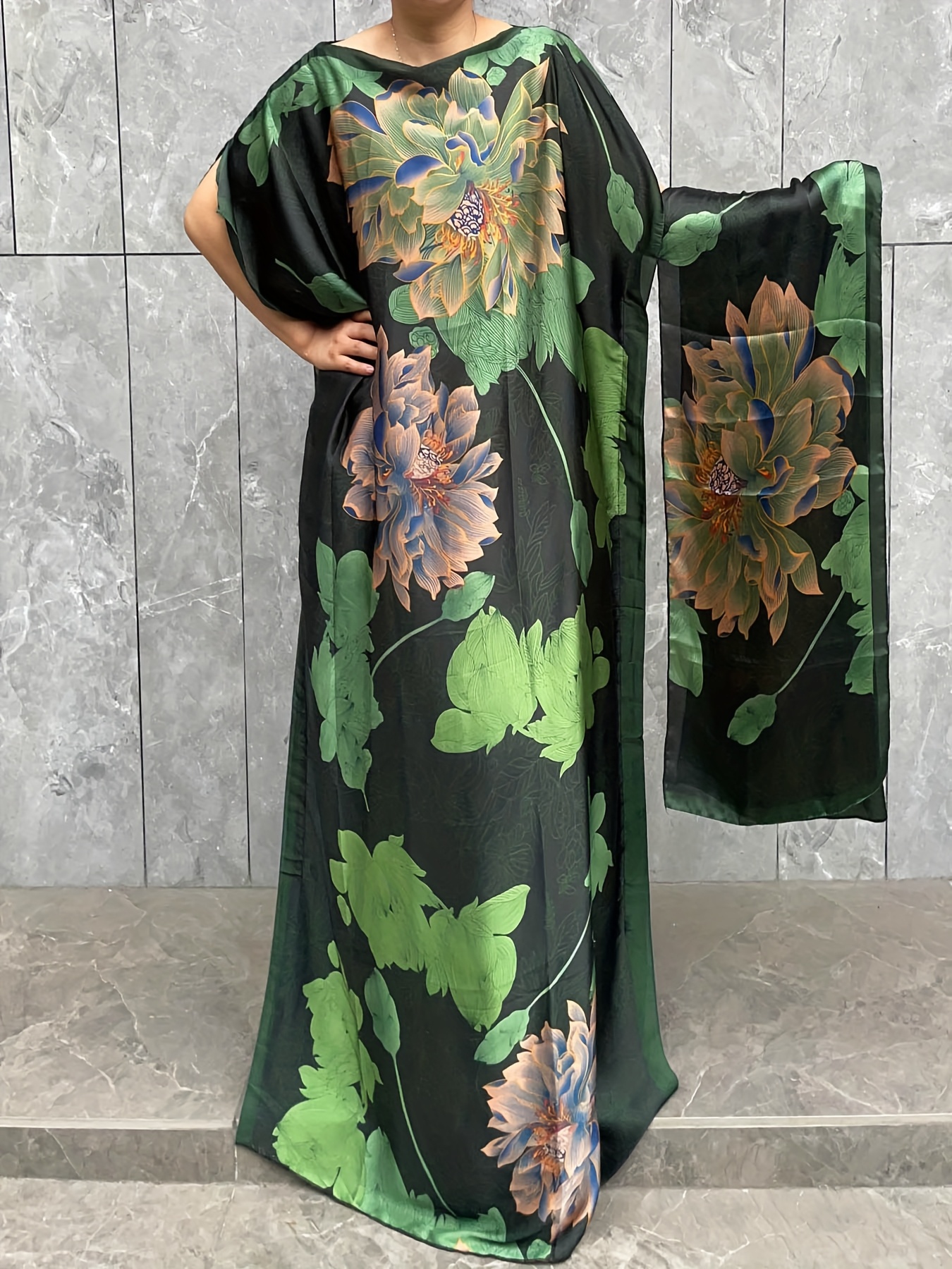 womens plus size floral tunic dress scarf elegant crew neck - Temu Brazil