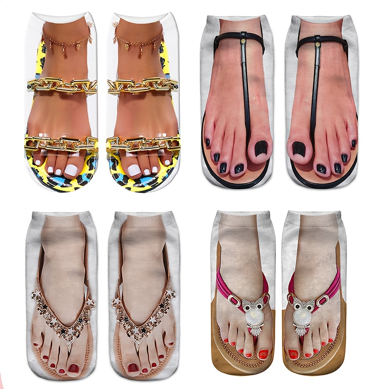 New 4-pair Cute Fun Flip Flop Women's Ankle Socks With Polish Print Pattern For Daily Wear
