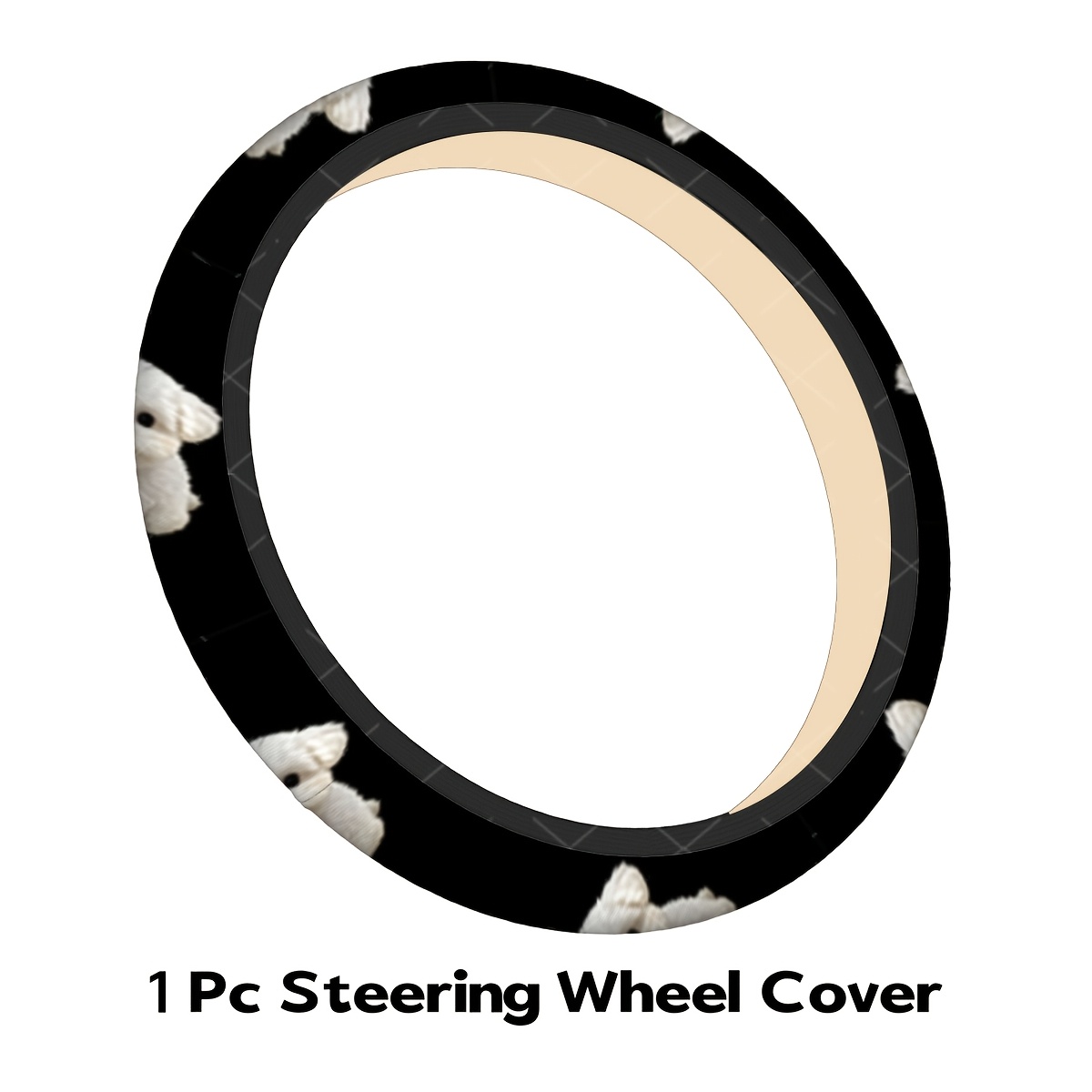 TEMU 1pc Cute Fluffy White Maltese Puppy Pattern Steering Wheel Cover, Easy-to-install Car Steering Wheel Cover, Perfectly Fits Most Car Models,