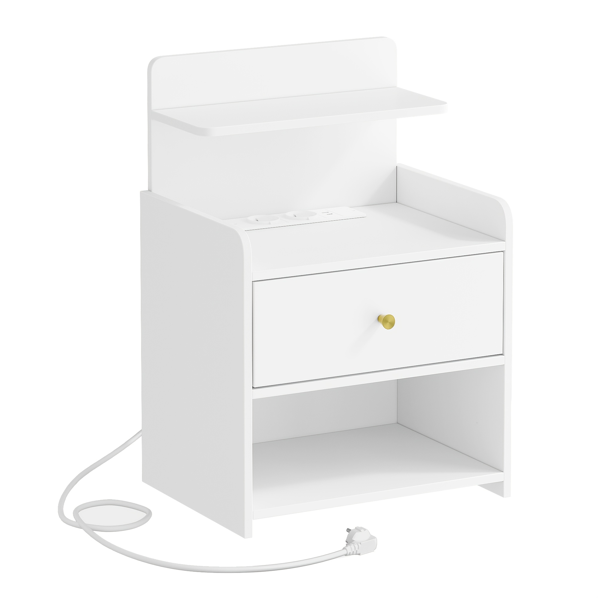 Bedside Table, Side Table With 1 Drawer And 2 Open Compartments, Nightstand, Sofa Table, Space-, For Bedroom, Living Room, Modern, White