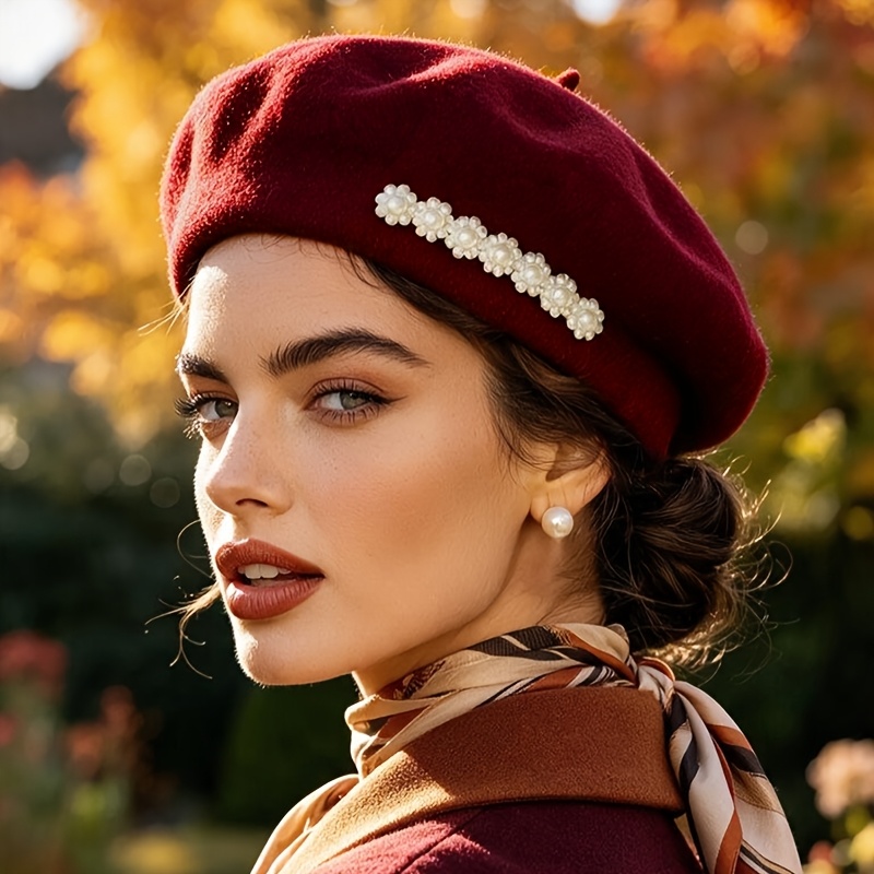 TEMU 1pc Women's Wool Beret Hat With Floral - Brimless Suitable For , Lightweight Warm, Machine Washable Wool Beanie, Non-stretch Fit For Casual &