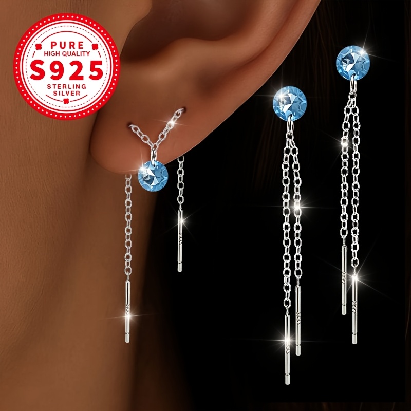 Image of A Pair Of S925 Sterling Silver, Women' Blue Zirconia Double Chain , Fashionable And Easy, , Long Tassel Pendant Earrings Design, Exquisite And , Light Temperament Earrings