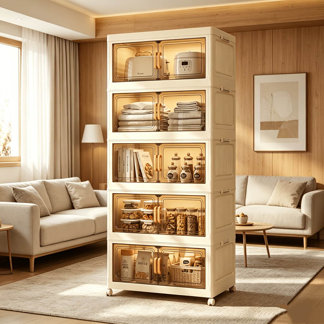 Image of 5-layer 70cm Foyer Storage Cabinet, Movable Storage, With Wheels, Beige Color, With Lid, Suitable For Folding And Organizing Wardrobes, Bathrooms, Homes, Offices, Dormitories, Space Design