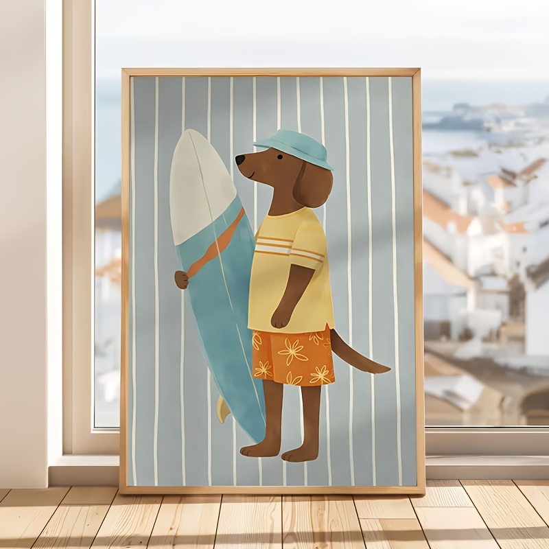 TEMU 2d Flat, 2d Flat, 1pc, Frameless, Surfing Dog Wall Art Print, Beach Dachshund Poster, Summer Kids Room Decor, Cute Preppy Style Dog, Fun Canvas
