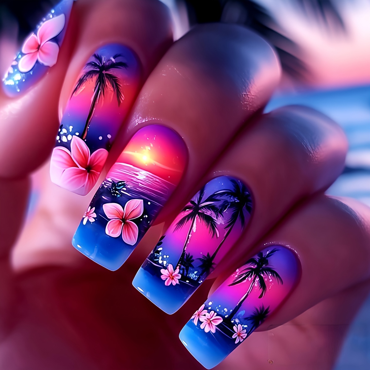 TEMU Medium-length Coconut Tree 24pcs Reusable Detachable Nail Stickers For Easy Vacation Wear