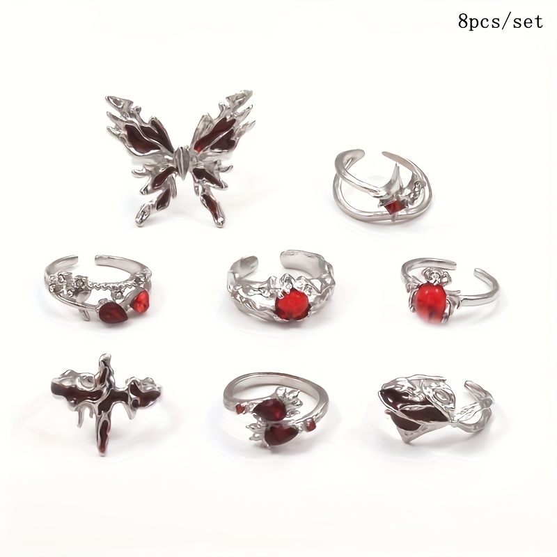 TEMU 8pcss/set Gothic Hip-hop Niche Red Heart Studded 8pcs Set Rings Hand Jewelry - Micro-pave Red Synthetic, Geometric Irregular Heart-shaped Design