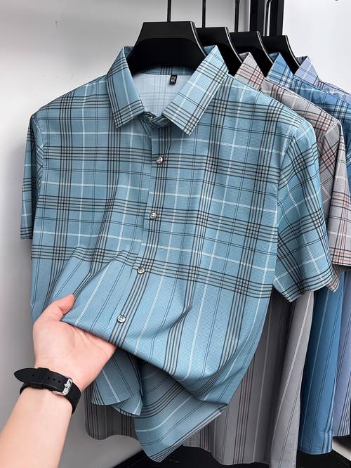 obm mens short sleeve shirt summer thin classic collared casual shirt seamless business commuting