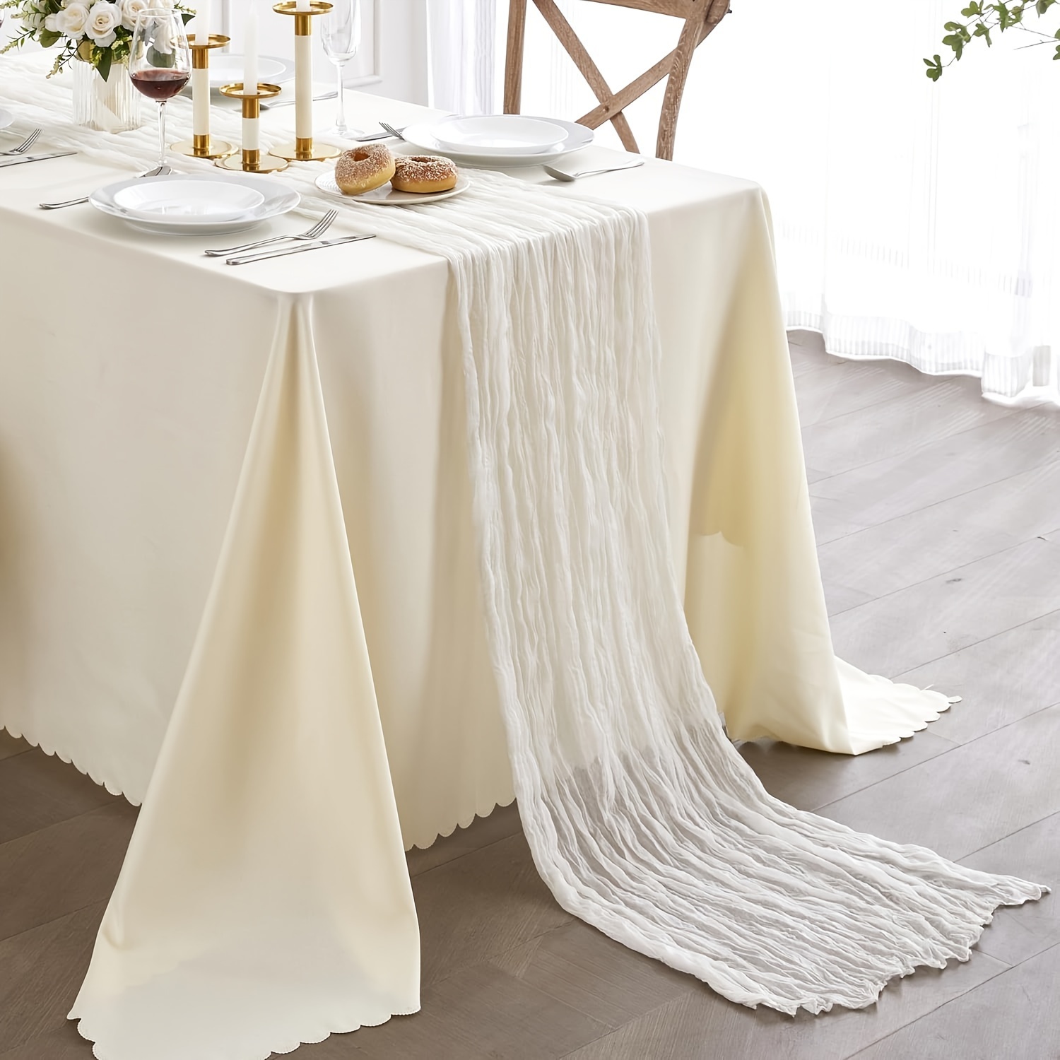 TEMU Halloween, Christmas, 1 Piece Elegant Pleated Gauze Table Runner - Rustic Boho Style Machine-made In Teal & Green For Weddings Bridal Showers