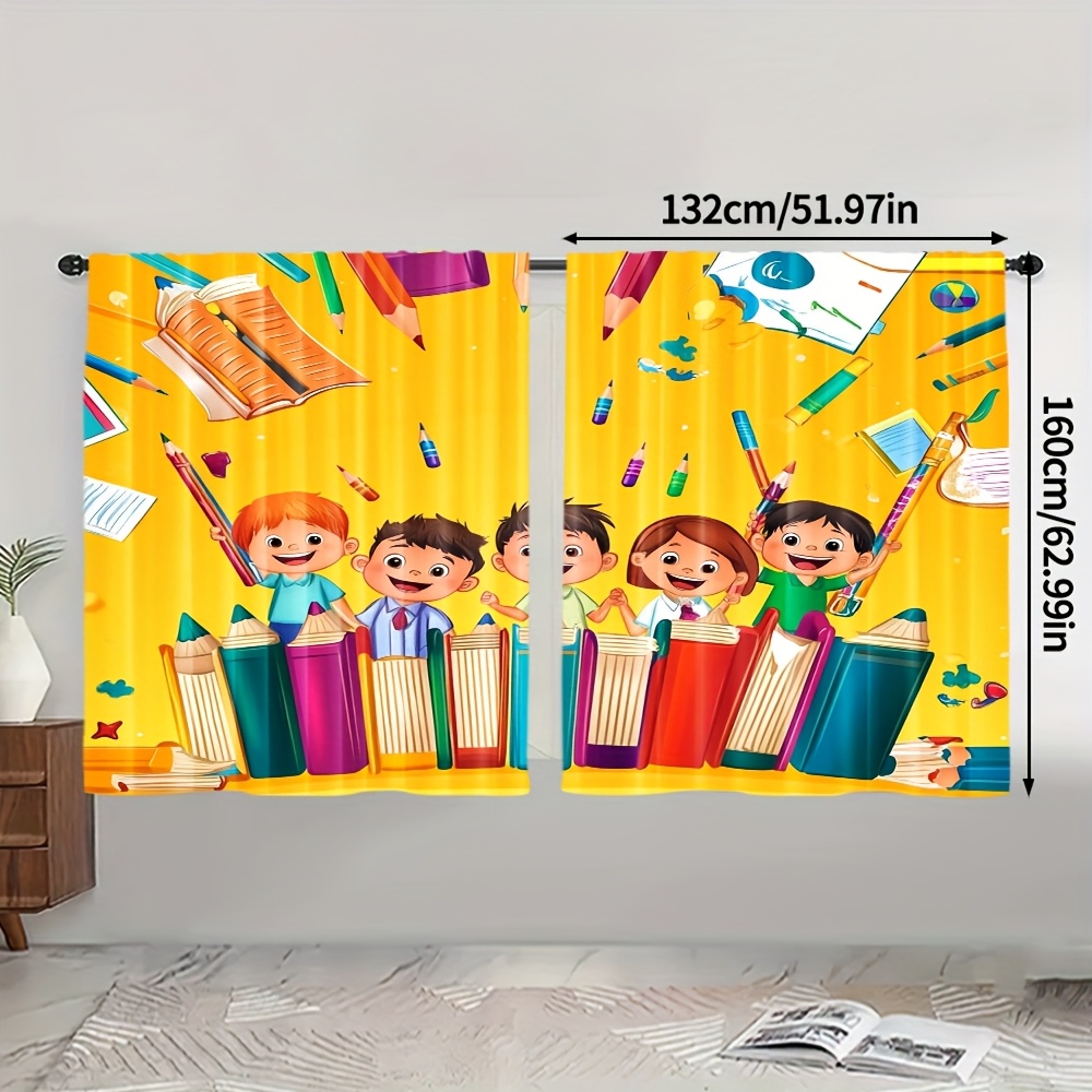 TEMU 2pcs To School Blackout Curtains, 100% Polyester Art Deco Design â Living Room, Bedroom, Restaurant & Office (no Rod Or Battery Needed)