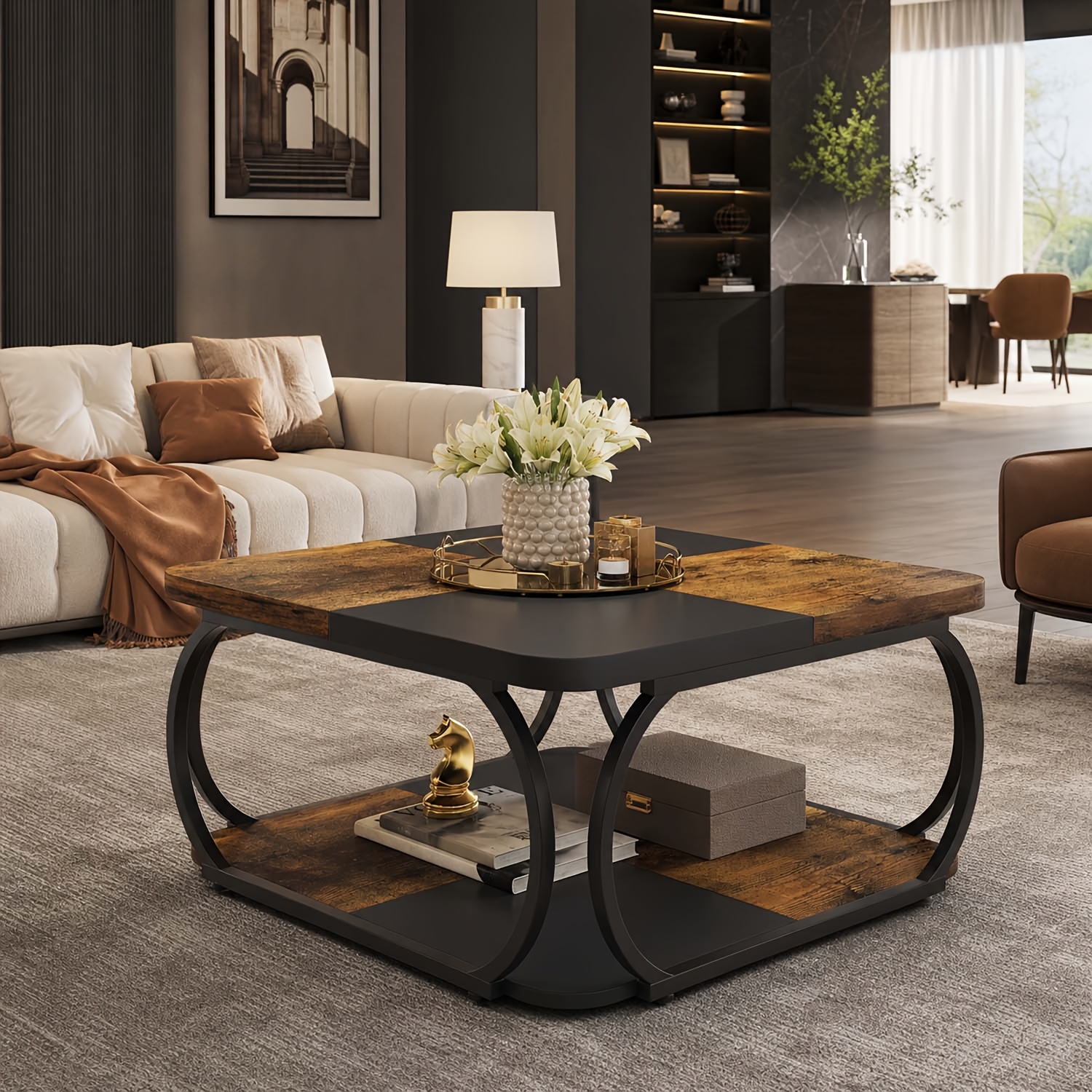 Coffee Table With 2 Tiers, 40 Inches Low Farmhouse Coffee Table With Wood Storage Shelf Heavy Duty Metal Curved Frame For Living Room, Brown, Christmas Renewal