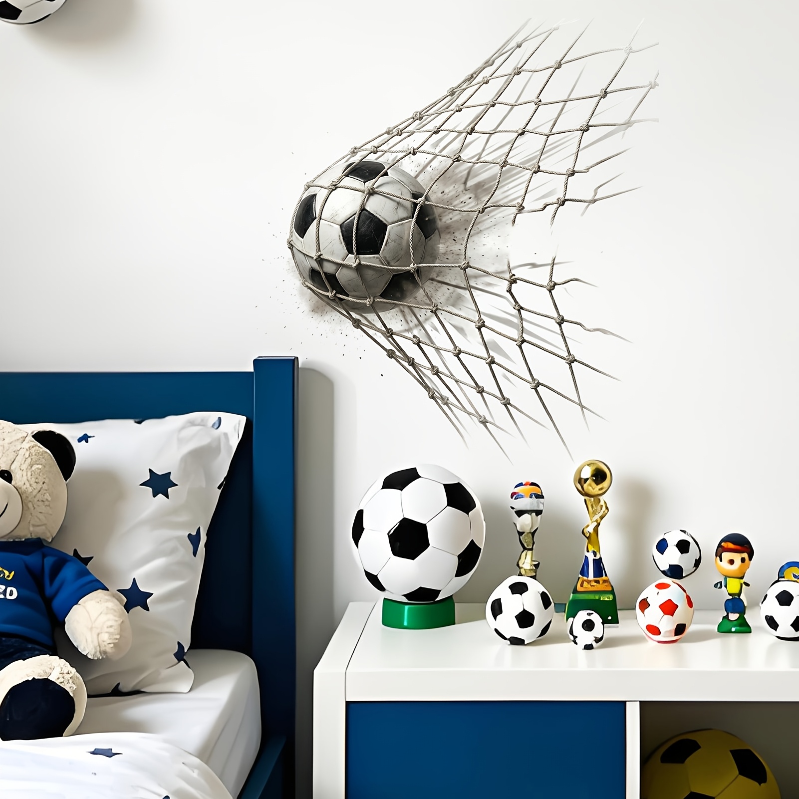 Image of 1pc Goal Net Wall Sticker – Waterproof Removable Pvc Wall Decal, Realistic Soccer Breaking Net Pattern, Suitable For Bedroom, Living Room, Hallway, Entryway, Bathroom, Or Housewarming Gift For Fans