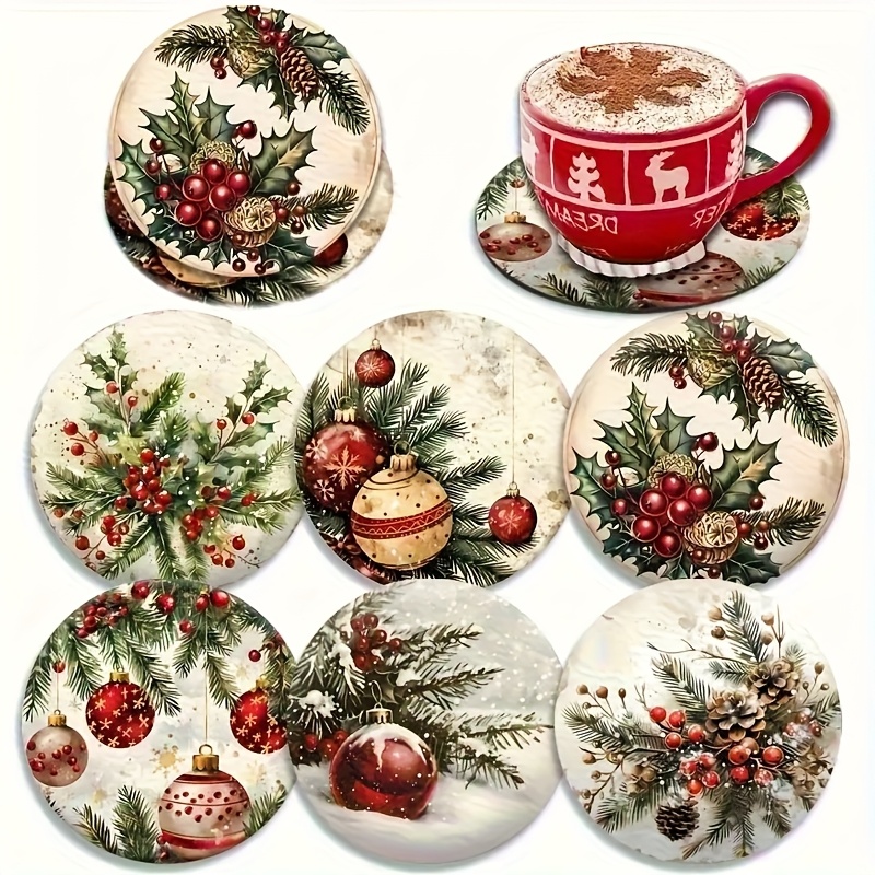 TEMU 6pcs Wooden Coaster Set - Christmas Themed Artistic Drink Mats, Holiday Decorative Gift. Non-slip Heat Resistant Table Protectors For Kitchens,