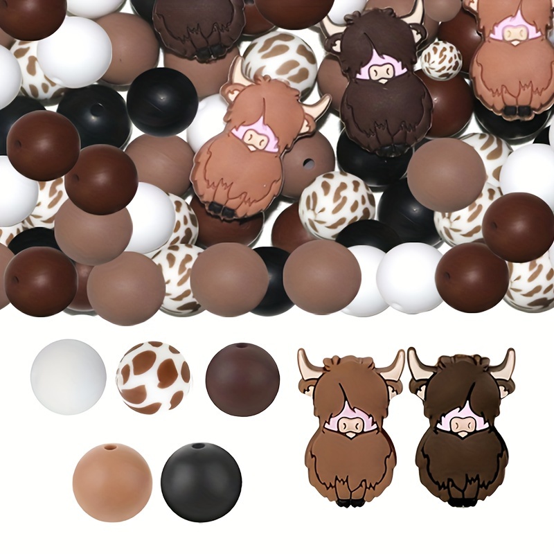 

49pcs Highland Cow Silicone Beads Animal Shape Beads Cow Print Beads Deep Brown Round Spacer Beads For Diy Necklace Bracelet Keychain Gift Crafting