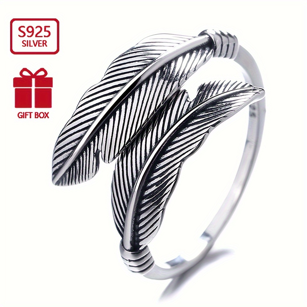 

1pc, S925 Sterling Silver Vintage Antique Ginkgo Twins Feather Open Cuff Ring, Elegant Boho Chic Minimalist Women's Bypass Ring 2.63g/0.09oz