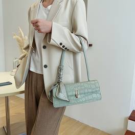 baguette bag for women korean style gentle pu solid color embossed flap underarm bag with metal square striped scarf single shoulder commuter handbag for women